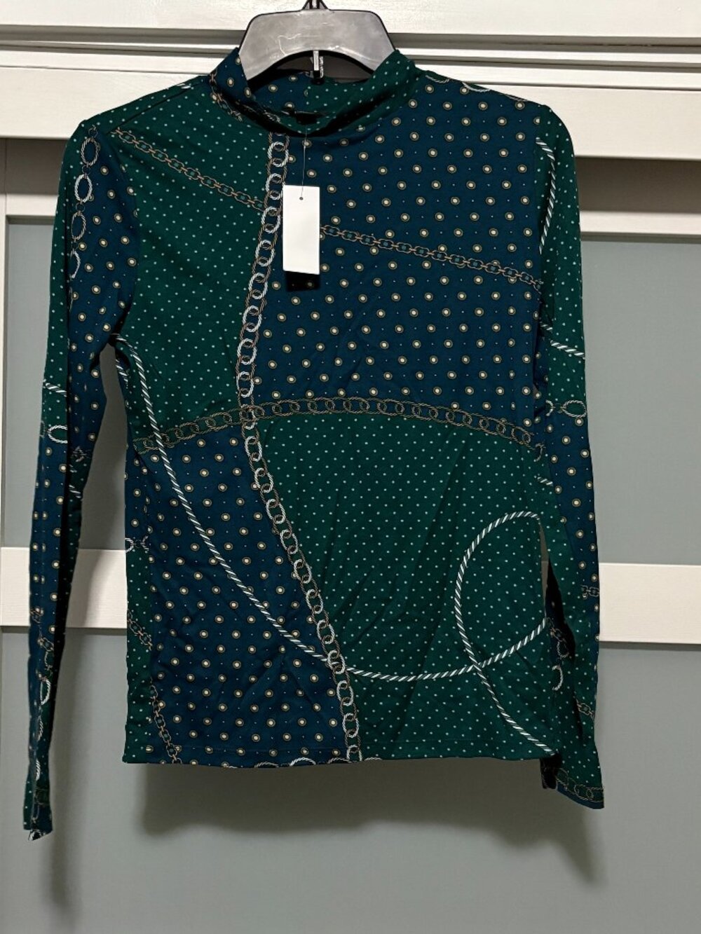 Ann Taylor Mock Neck Green Chain Rope Polka Dot Ladies Shirt sz S L/S  NEW